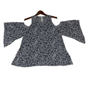 Lucky Brand Womens XL Black Gray Cold Shoulder Paisley Top Boho Flowy Romantic